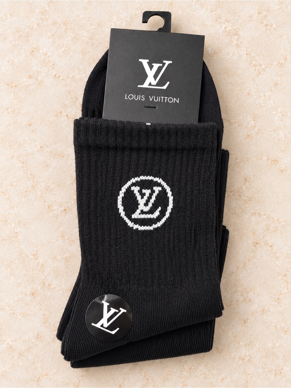 Louis Vuitton Black Crew Socks with White LV Emblem